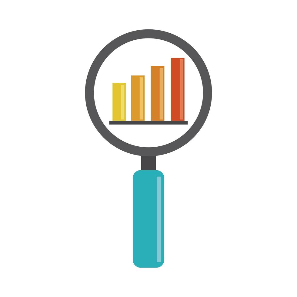 Analyse de données, icône plate de rapport financier diagramme en forme de loupe vecteur