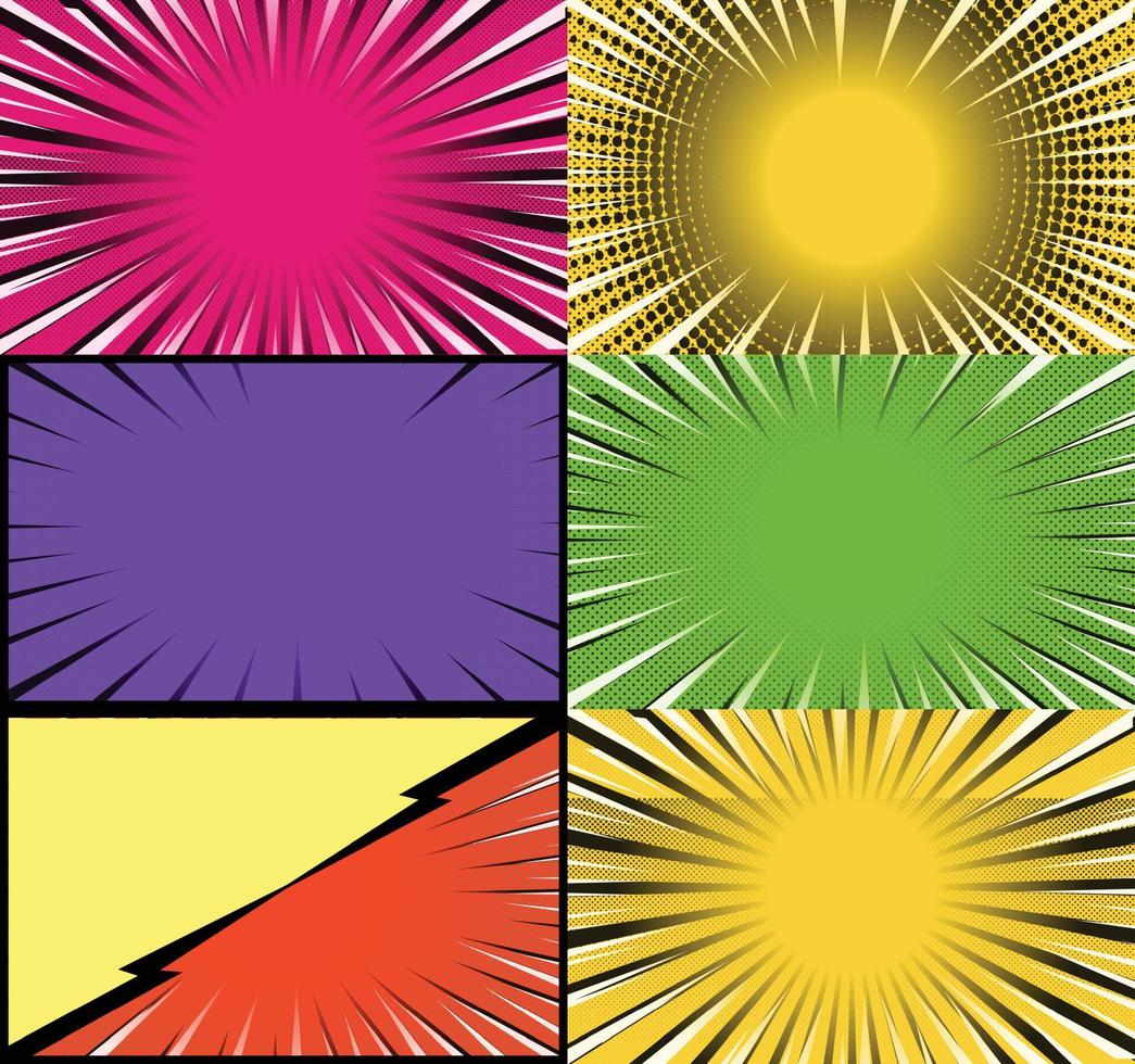 fond de cadres colorés de bande dessinée avec des rayons de demi-teintes effets radiaux et pointillés style pop art vecteur