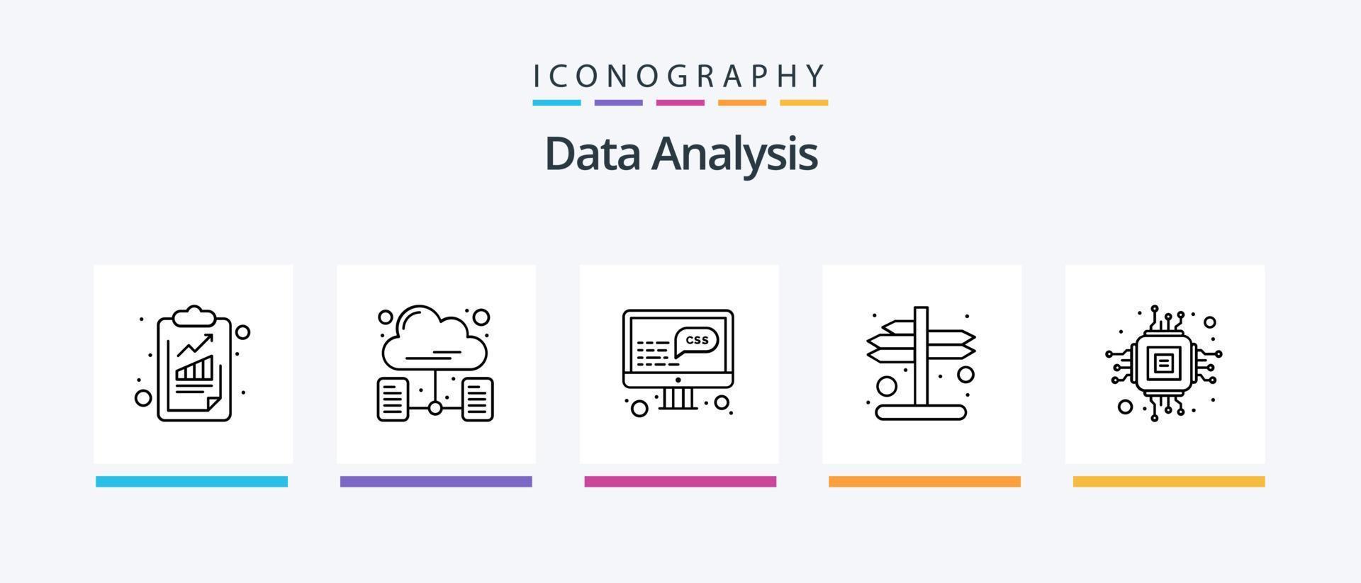 pack d'icônes ligne 5 d'analyse de données, y compris la sécurité. réseau. chronologie. dossier. Les paramètres. conception d'icônes créatives vecteur