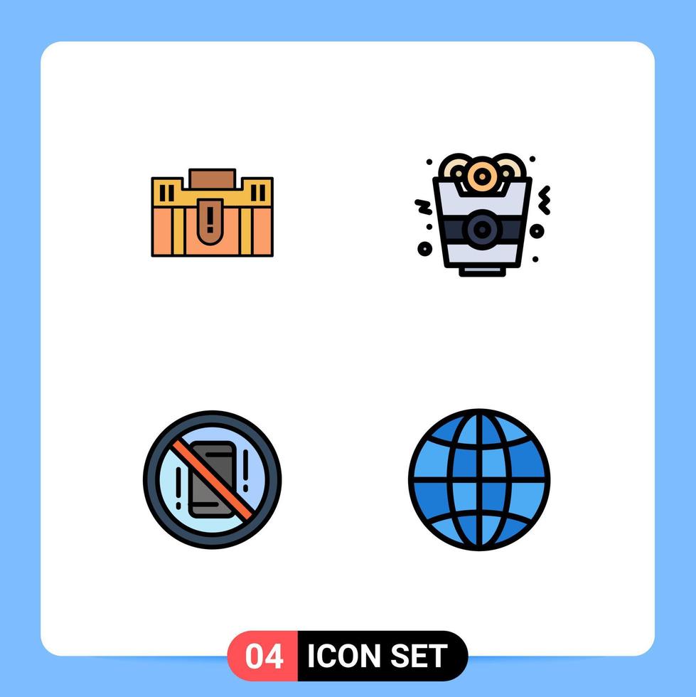 interface mobile fillline plat couleur ensemble de 4 pictogrammes de porte-documents alimentaire contenant des éléments de conception vectoriels modifiables de distractions de voyage vecteur