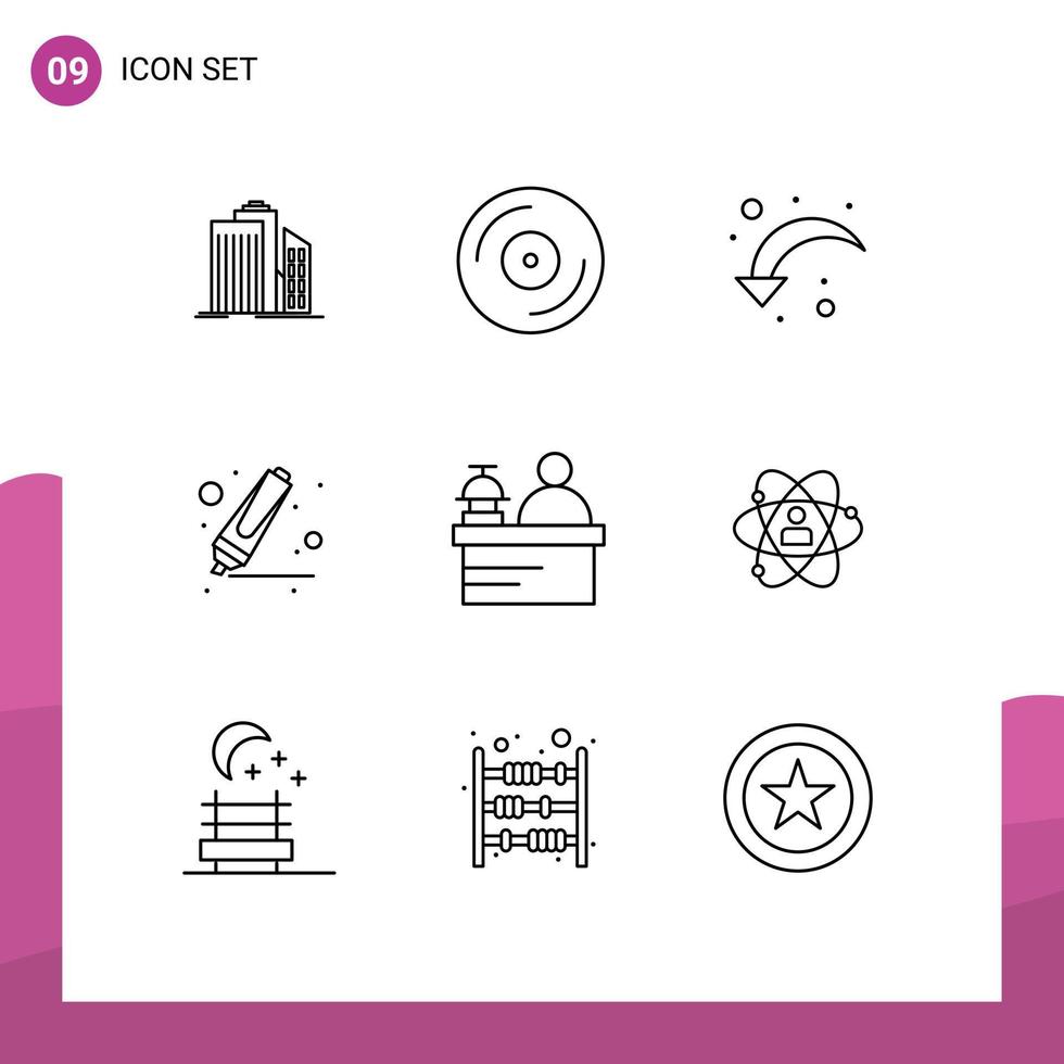 pictogramme ensemble de 9 contours simples d'hôtel marqueur studio surligneur en bas à gauche éléments de conception vectoriels modifiables vecteur