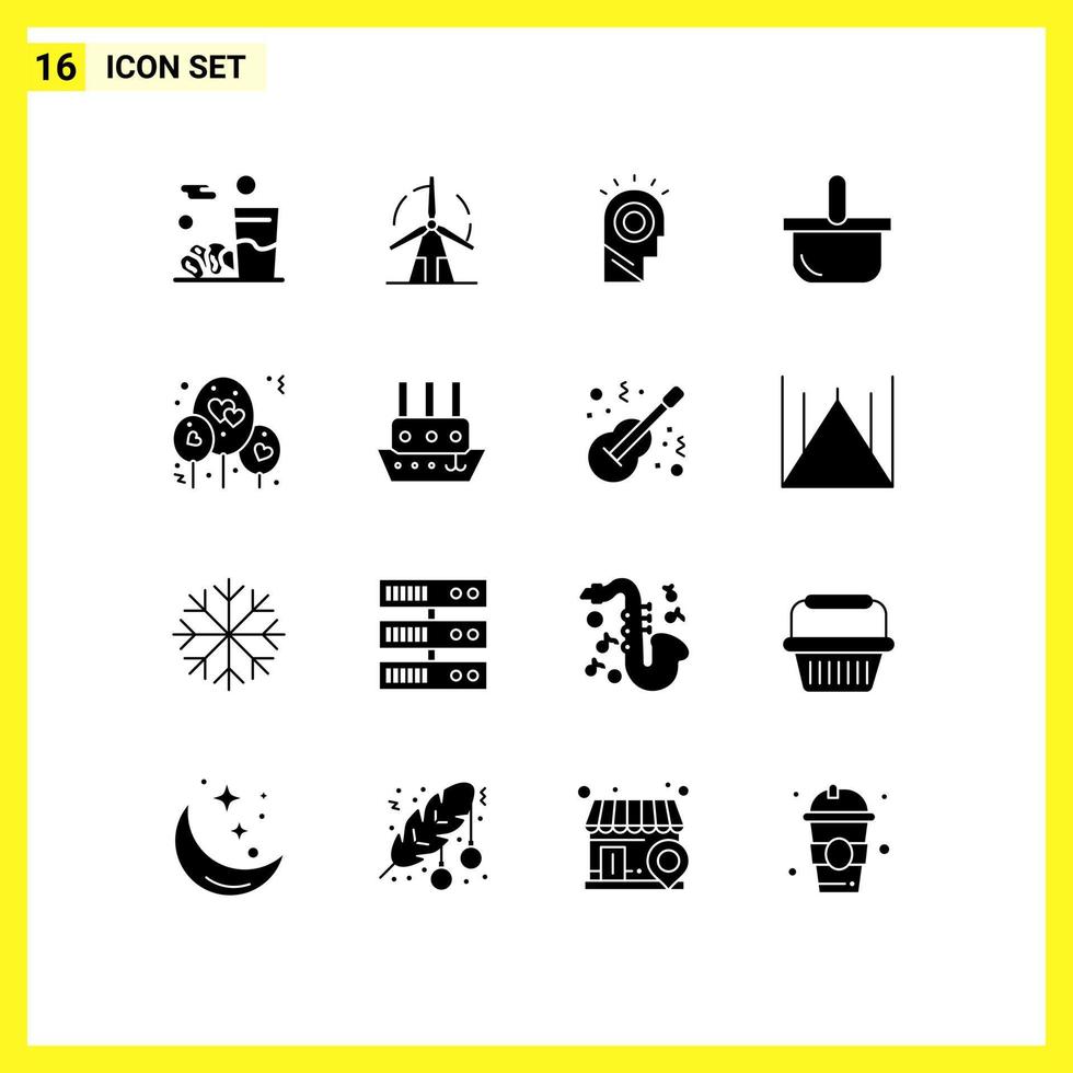 pack de 16 signes et symboles de glyphes solides modernes pour les supports d'impression Web tels que les éléments de conception vectoriels modifiables de chapeau de nourriture de moulin à vent de vacances de ballon vecteur