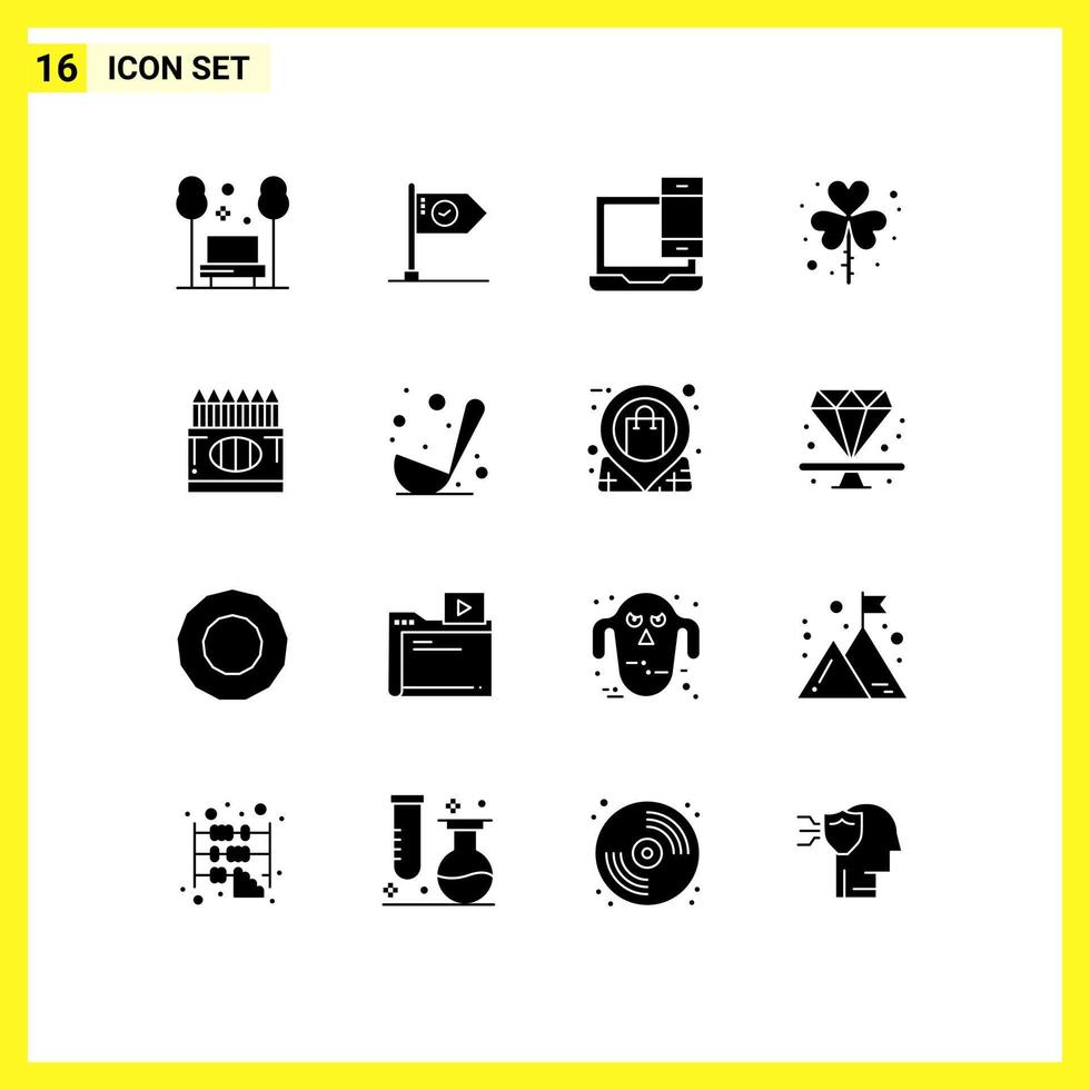 pack de 16 signes et symboles de glyphes solides modernes pour les supports d'impression web tels que le jour macbook drapeau ordinateur portable éléments de conception vectoriels modifiables vecteur