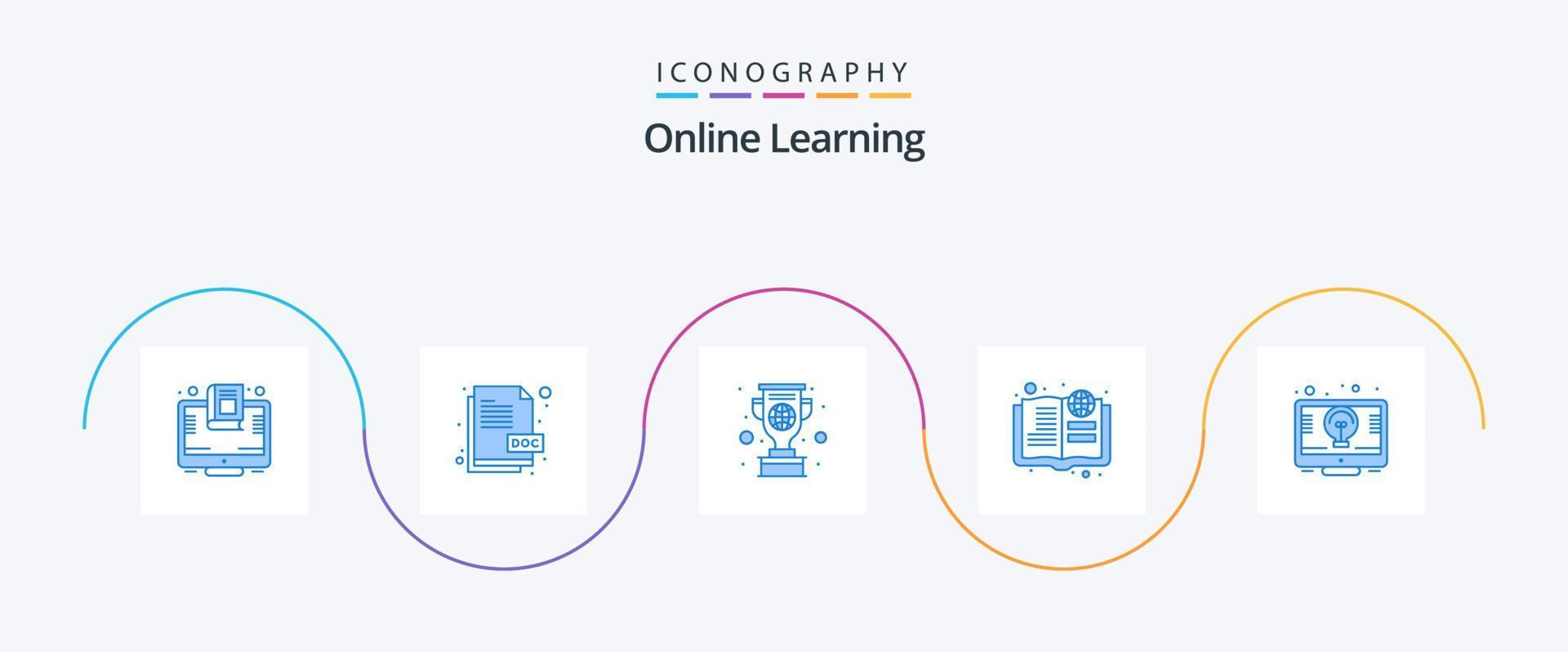 pack d'icônes bleues d'apprentissage en ligne 5, y compris en ligne. éducation. document. livre. prix vecteur