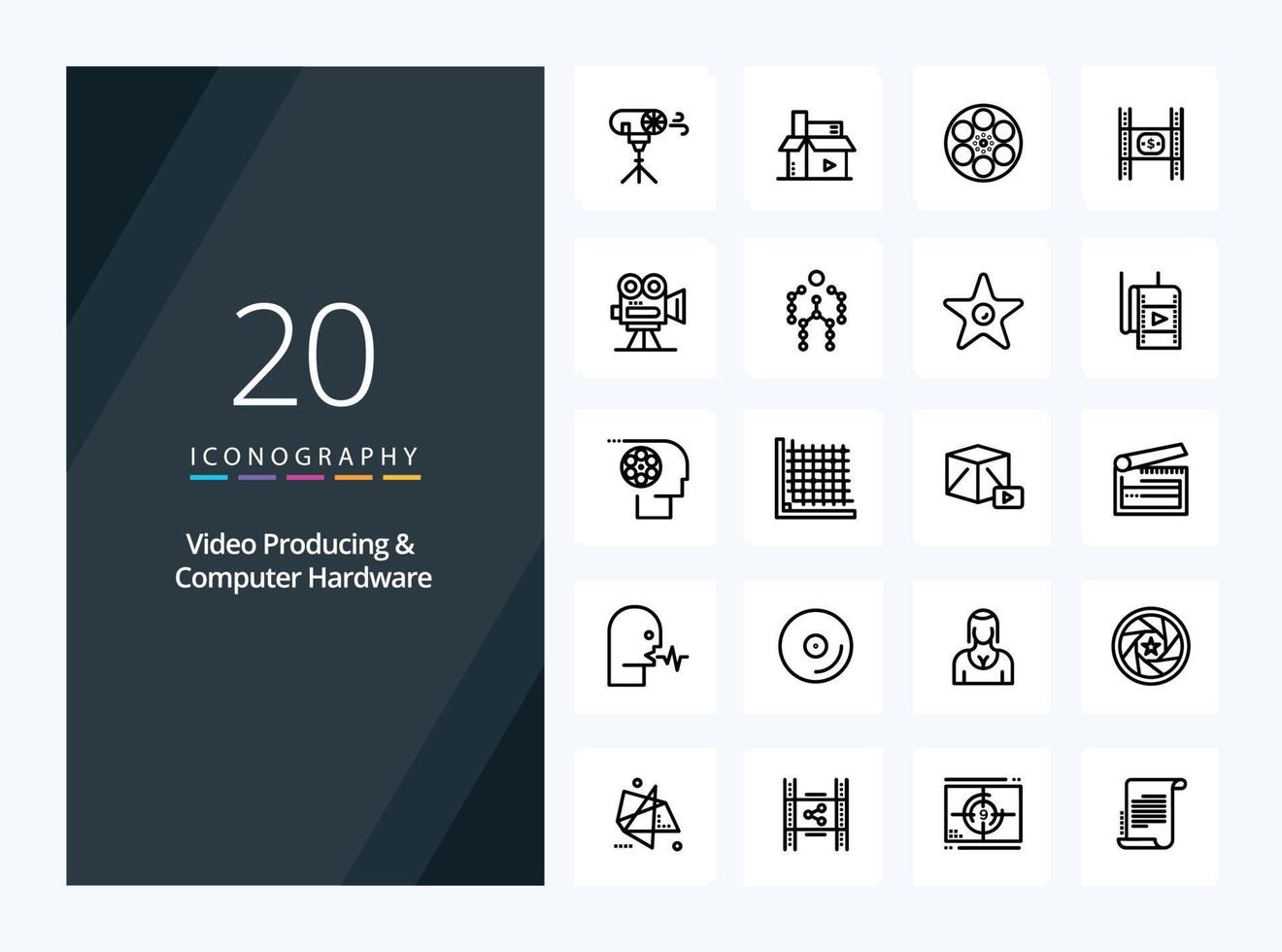 20 icône de contour de production vidéo et de matériel informatique pour la présentation vecteur