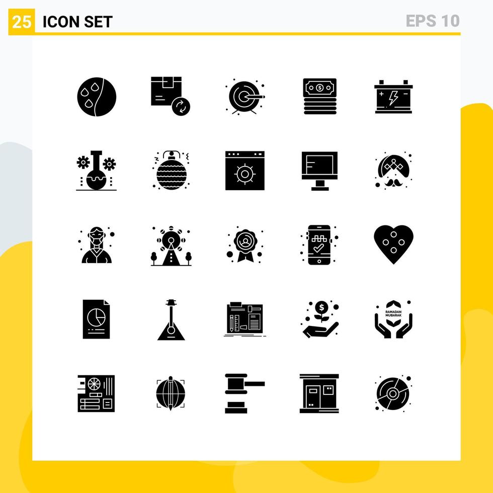 25 glyphes solides vectoriels thématiques et symboles modifiables d'éléments de conception vectoriels modifiables en dollars d'accumulateur créatif de batterie de voiture vecteur