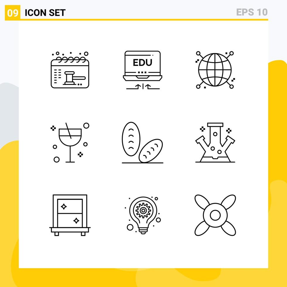 9 icônes créatives signes et symboles modernes de pain été connecté verre alcool éléments de conception vectoriels modifiables vecteur