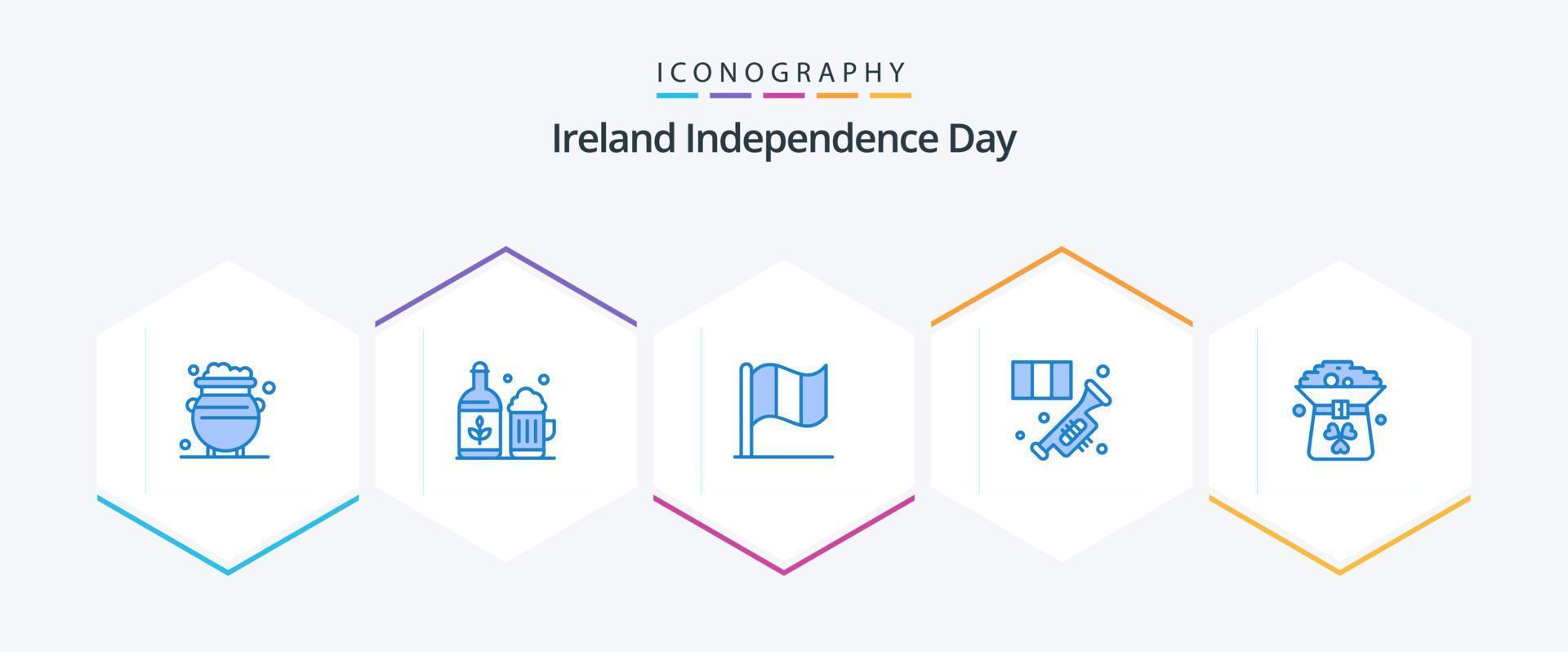 pack d'icônes bleues du jour de l'indépendance de l'irlande 25, y compris le trèfle. musique. Irlande. instrument. laiton vecteur