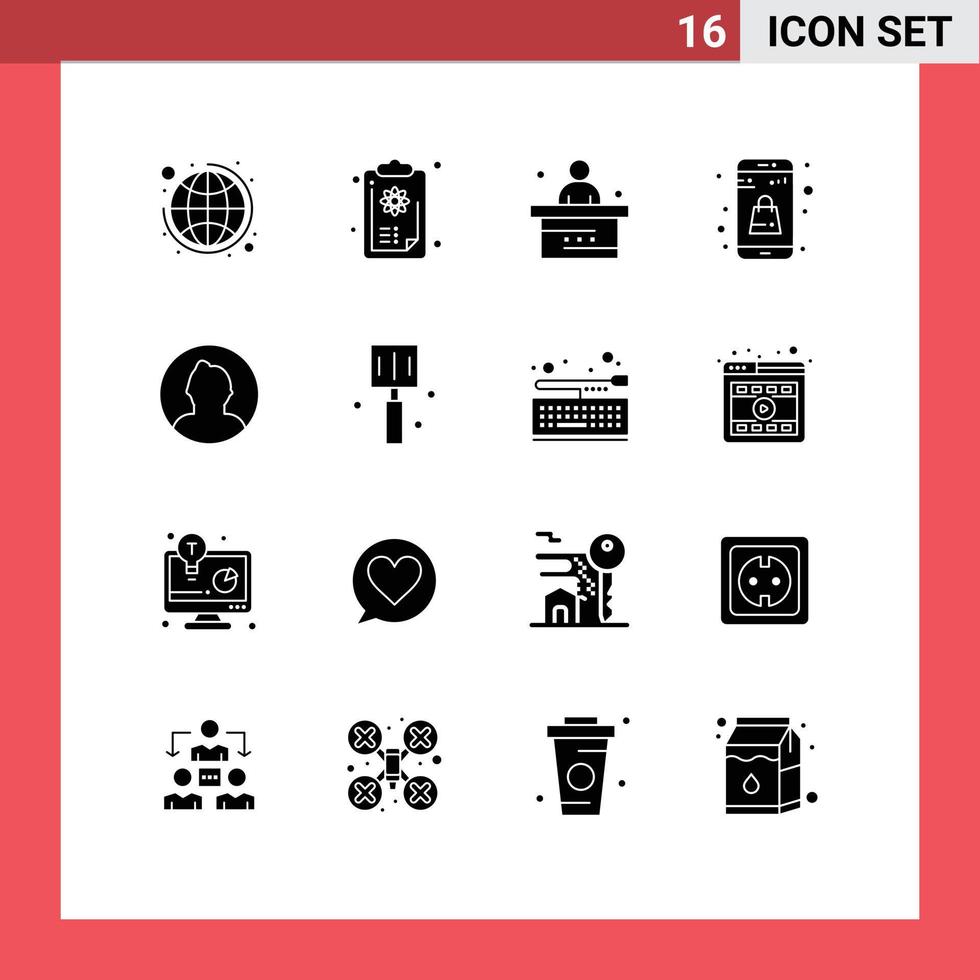 16 glyphes solides vectoriels thématiques et symboles modifiables d'avatar shopping classe étude simple éléments de conception vectoriels modifiables vecteur