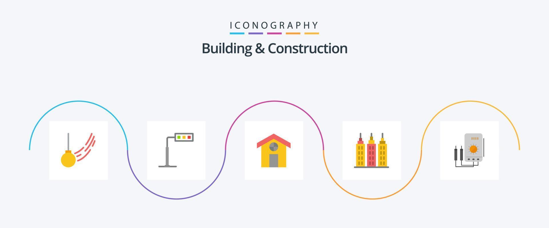 pack d'icônes plat 5 de construction et de construction, y compris watt. voltmètre. route. la tour. imeuble vecteur