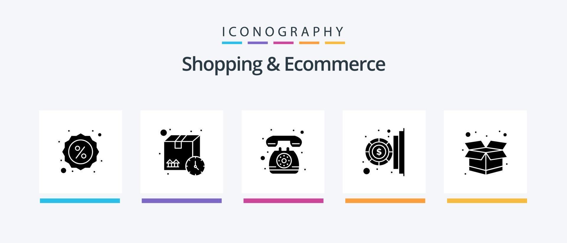 pack d'icônes glyphe 5 pour le shopping et le commerce électronique, y compris le package. de l'argent. prendre contact. Paiement. pièce de monnaie. conception d'icônes créatives vecteur