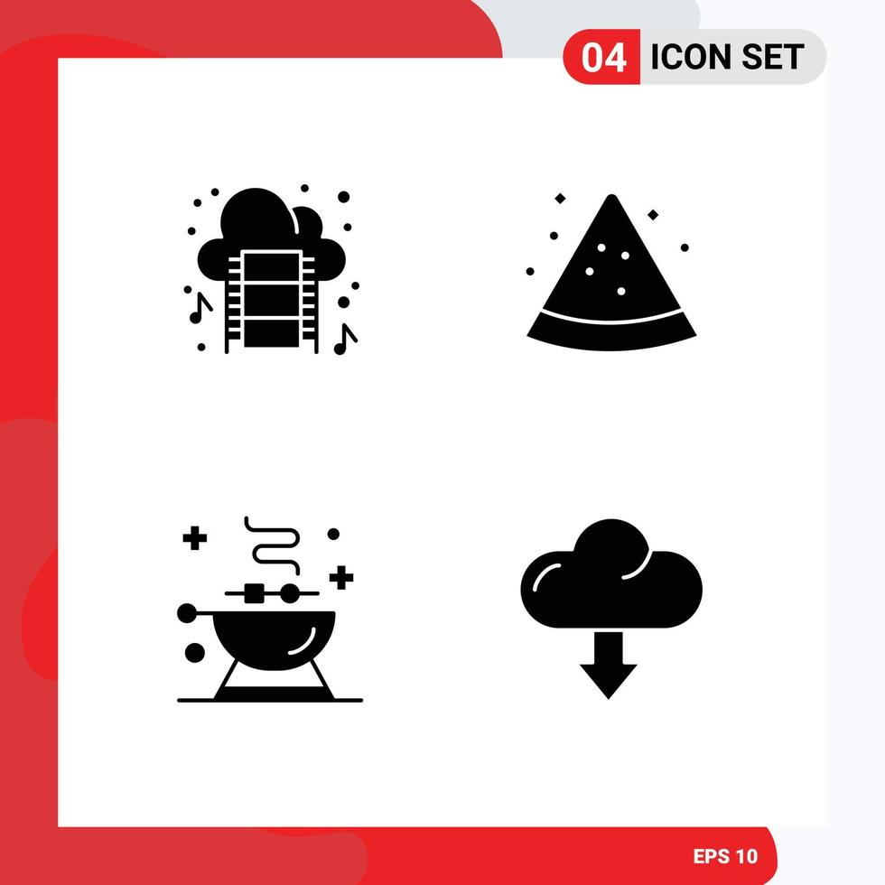 ensemble moderne de 4 glyphes et symboles solides tels que des éléments de conception vectoriels modifiables de nuage de musique de nourriture de nuage de pastèque vecteur