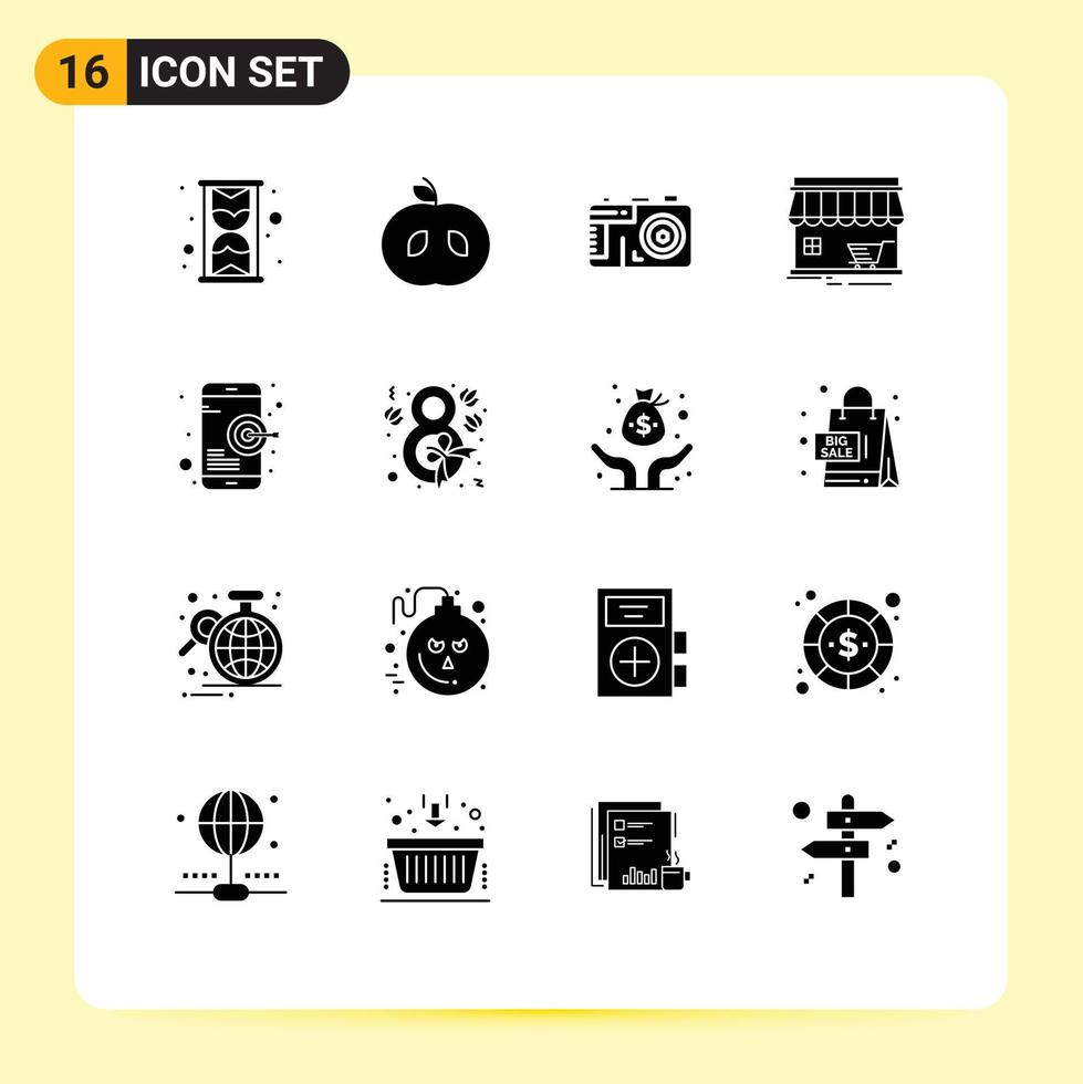 16 glyphes solides vectoriels thématiques et symboles modifiables d'éléments de conception vectoriels modifiables pour la création d'objectifs de photo de référencement mobile vecteur