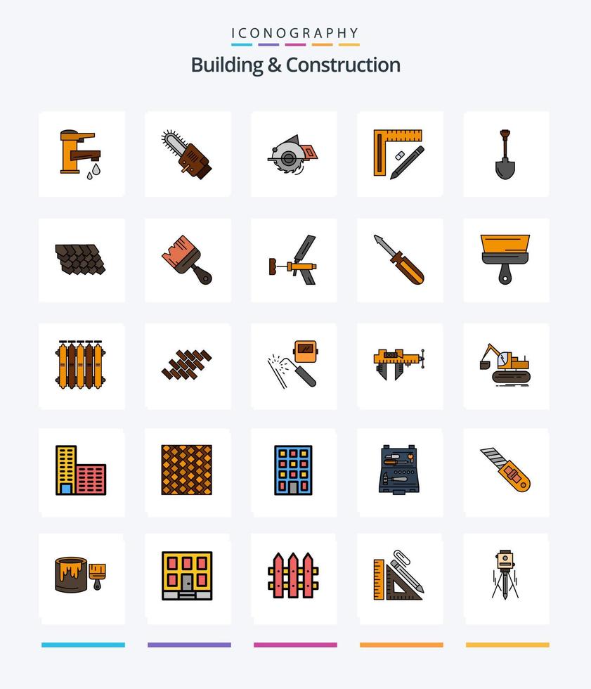 construction créative et construction pack d'icônes remplies de 25 lignes telles qu'un crayon. règle. lame. réparation. scie circulaire vecteur