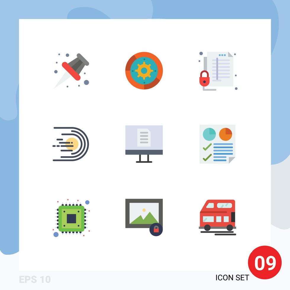 interface mobile couleur plate ensemble de 9 pictogrammes d'éléments de conception vectoriels modifiables sécurisés de comète de verrouillage de vol spatial vecteur