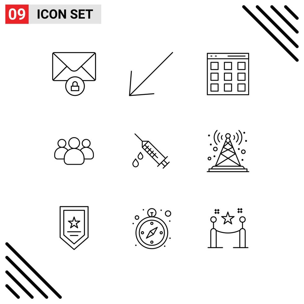 ensemble moderne de 9 contours et symboles tels que les utilisateurs d'isotopes d'injection de drogue éléments de conception vectoriels modifiables vecteur