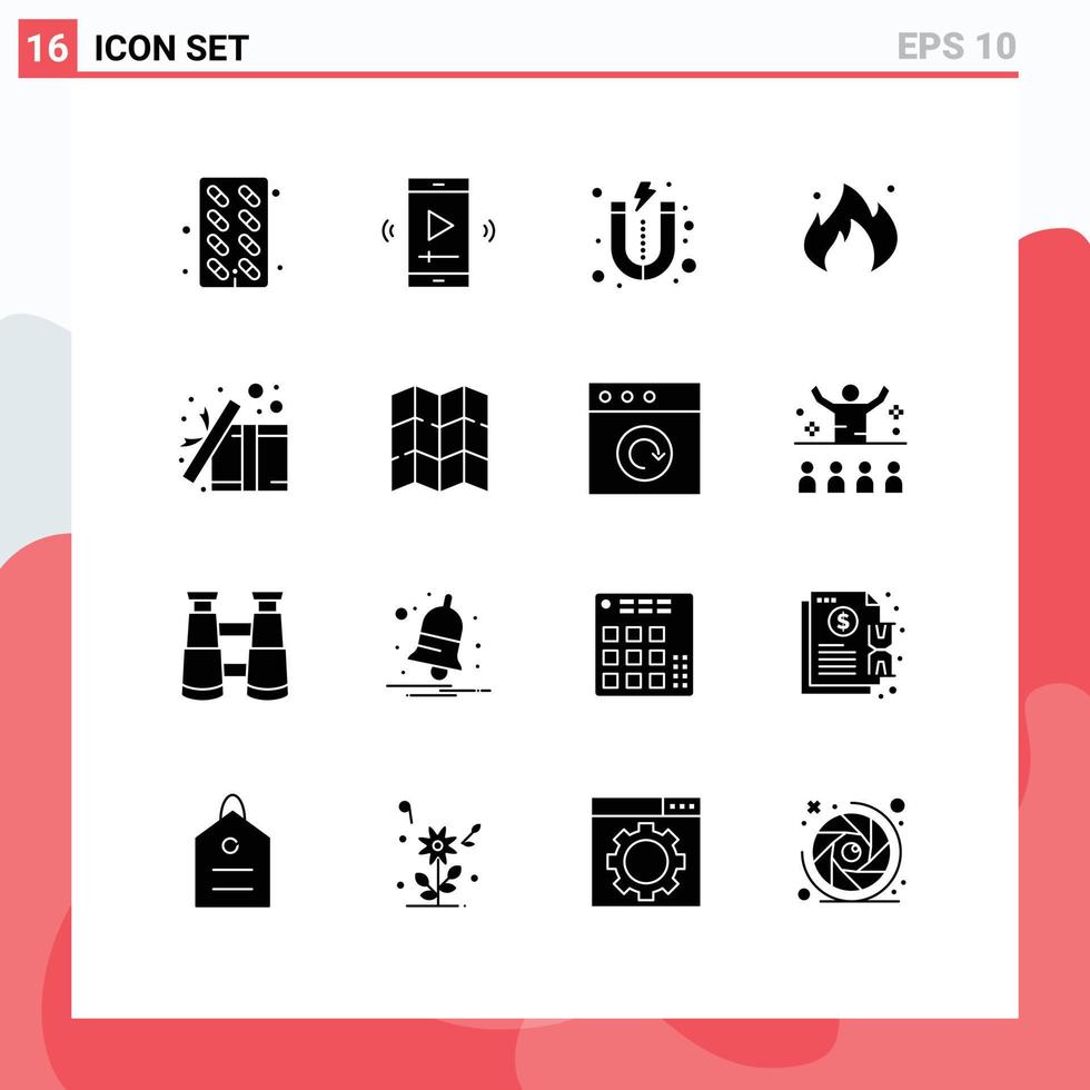 16 concept de glyphe solide pour sites Web mobiles et applications construction de cadeaux lecteur vidéo application feu d'huile éléments de conception vectoriels modifiables vecteur