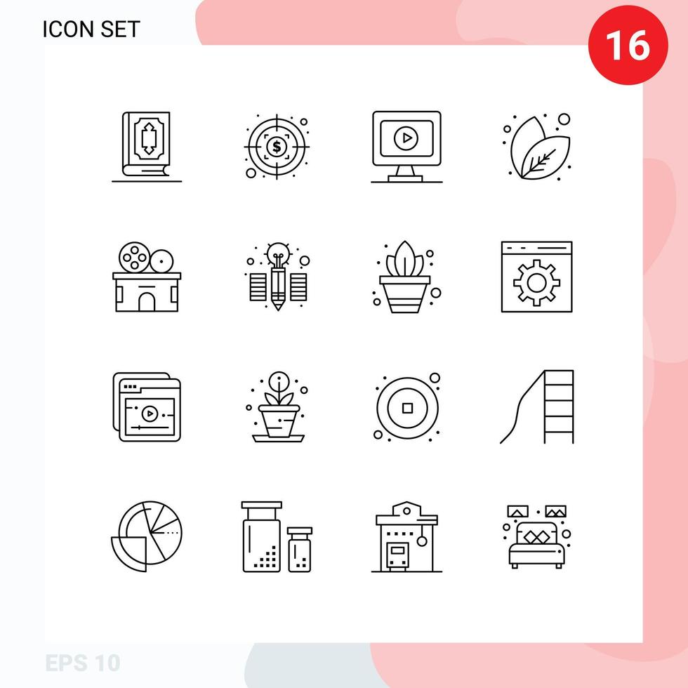 ensemble de pictogrammes de 16 contours simples d'éléments de conception vectoriels modifiables de moniteur de divertissement de billet cinéma nature vecteur