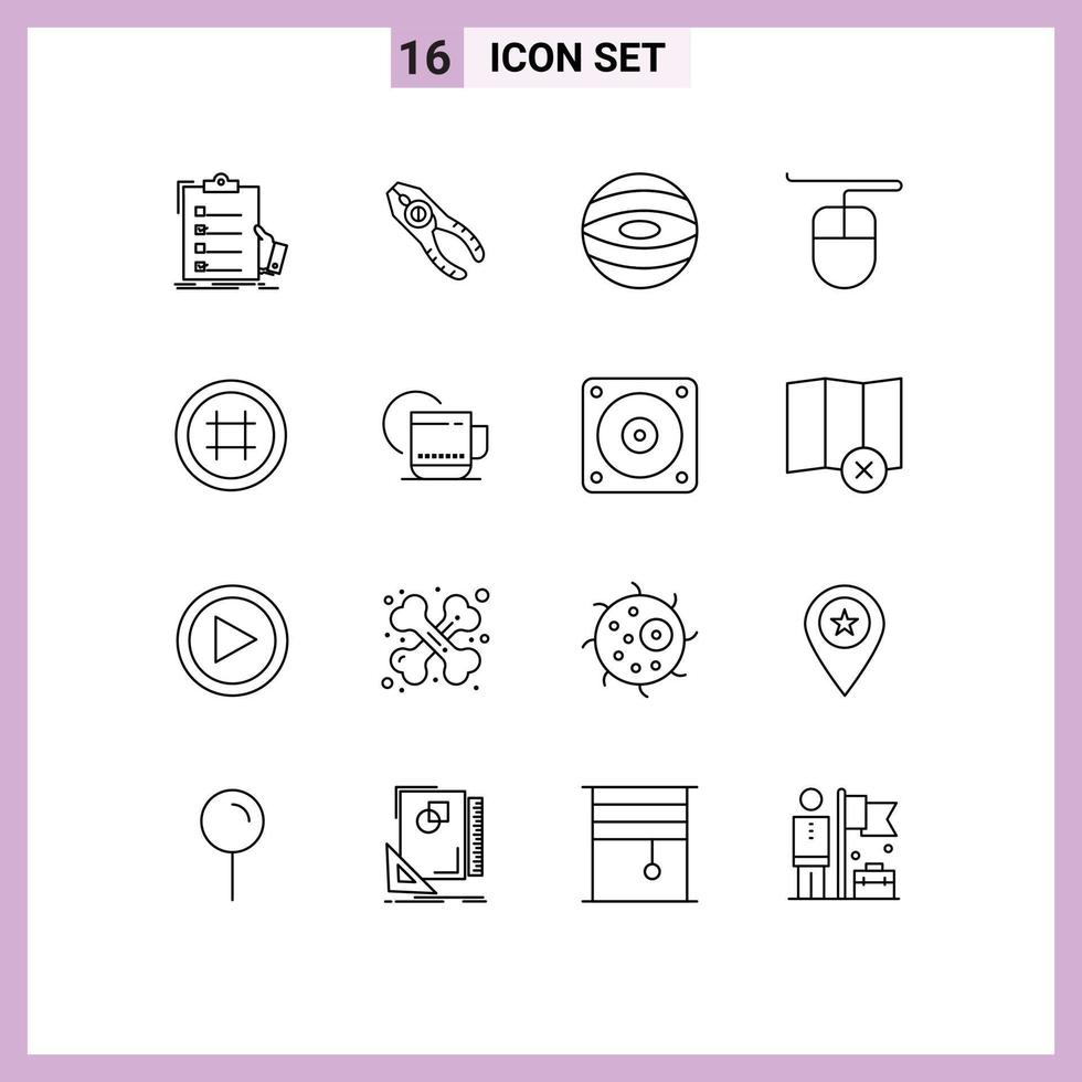 contour de l'interface mobile ensemble de 16 pictogrammes d'éléments de conception vectoriels modifiables de l'espace de la souris de réparation de balise de hachage de l'interface utilisateur vecteur