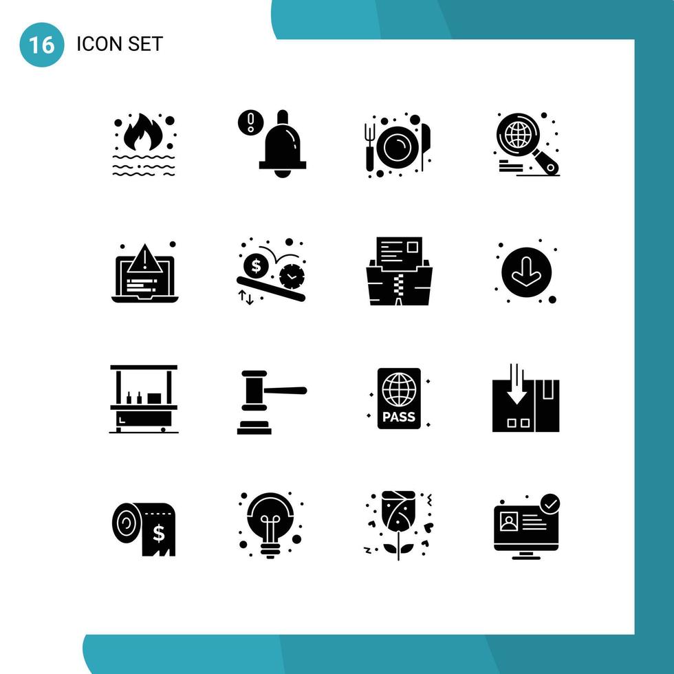 interface mobile glyphe solide ensemble de 16 pictogrammes de recherche d'alerte salle à manger internet restaurant éléments de conception vectoriels modifiables vecteur