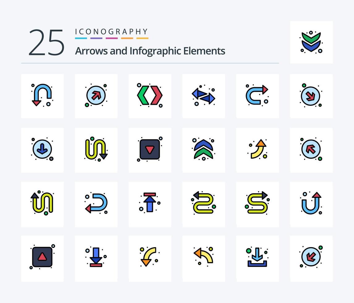 pack d'icônes remplies de flèches de 25 lignes, y compris vers le bas. droite. flèches. tu tournes. La Flèche vecteur
