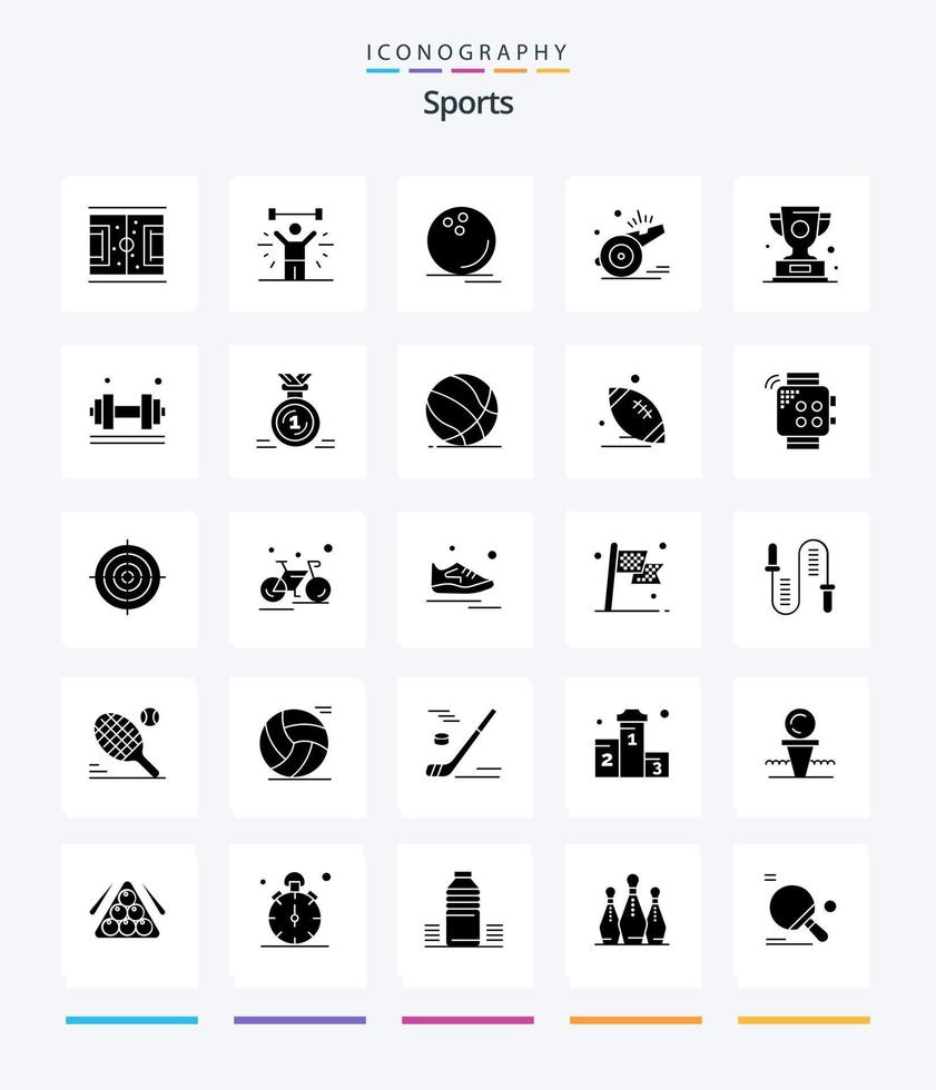 pack d'icônes noires unies de 25 glyphes de sports créatifs tels que l'arbitre. sifflet. masse. kit de montre. sport vecteur