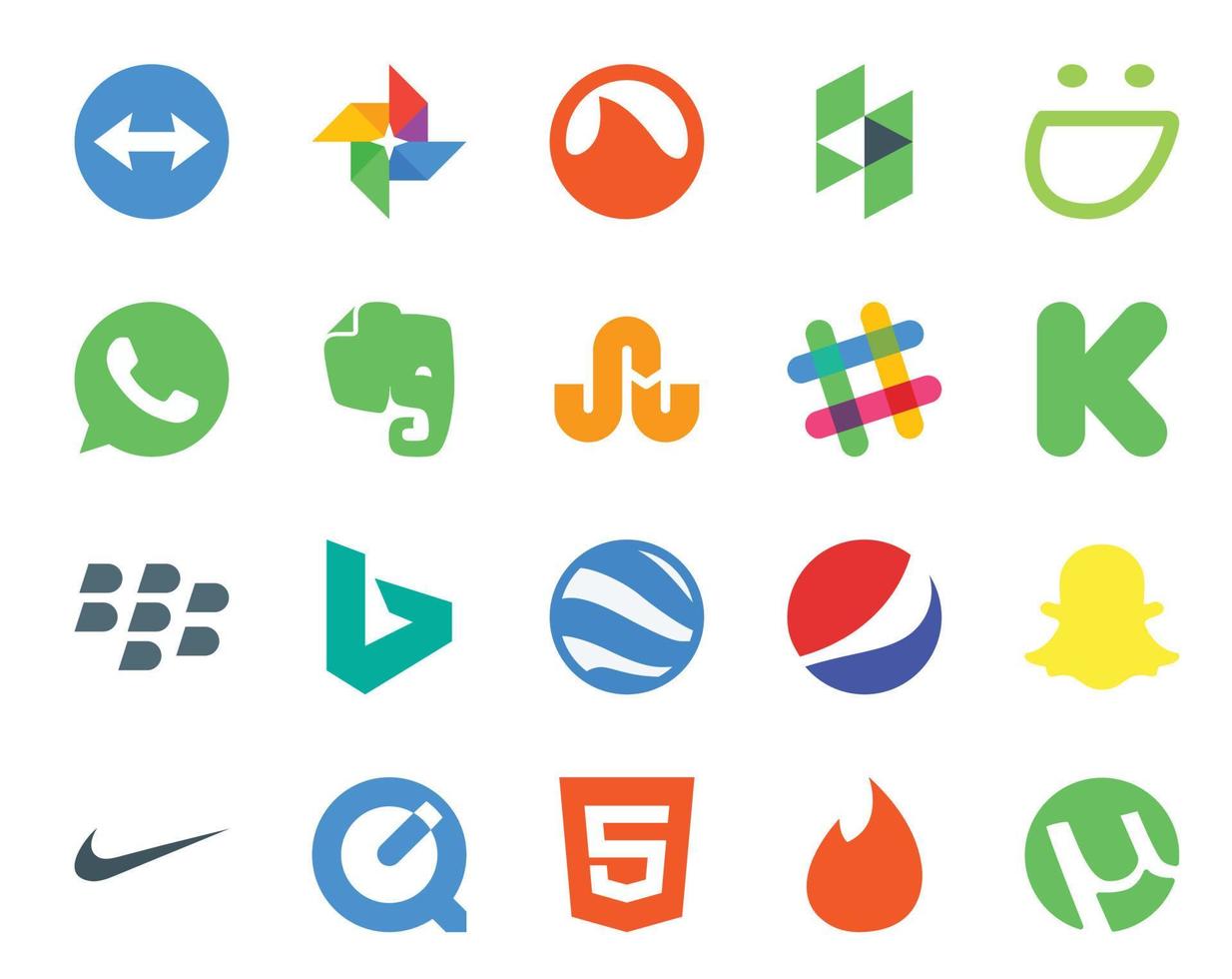 20 pack d'icônes de médias sociaux, y compris quicktime snapchat slack pepsi bing vecteur