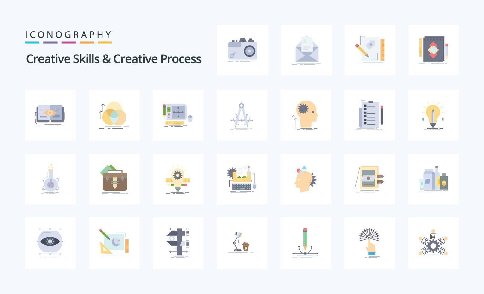 25 compétences créatives et pack d'icônes de couleur plate de processus créatif vecteur
