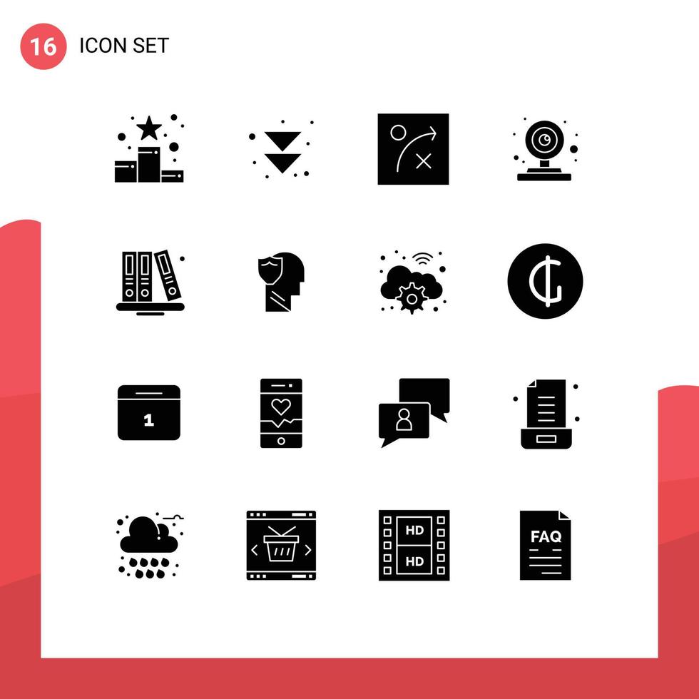 16 glyphes solides vectoriels thématiques et symboles modifiables de l'algorithme de livres de bibliothèque retour à l'école webcam éléments de conception vectoriels modifiables vecteur