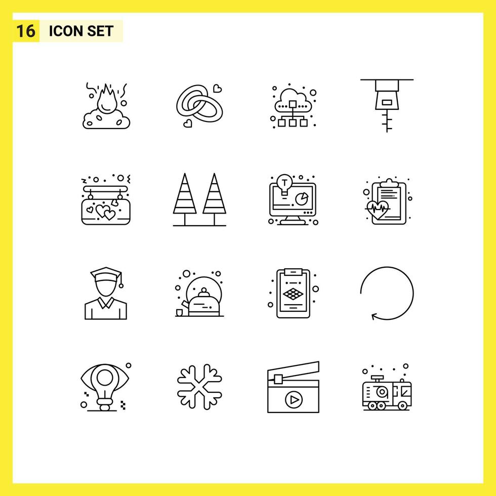 contour de l'interface mobile ensemble de 16 pictogrammes d'affection vêtements bague de fiançailles technologie cloud éléments de conception vectoriels modifiables vecteur
