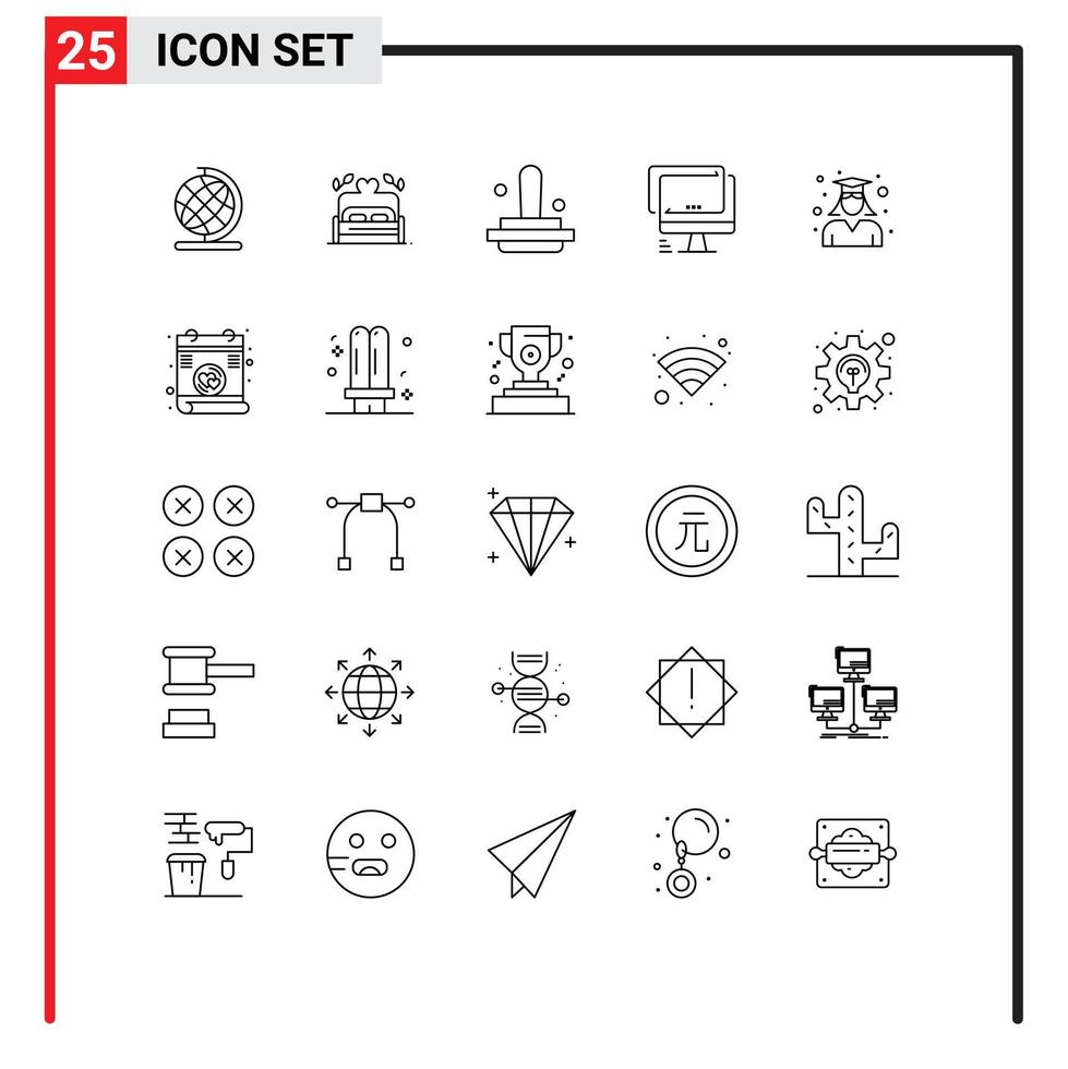 ligne d'interface mobile ensemble de 25 pictogrammes d'éléments de conception vectoriels modifiables de moniteur imac finance pc diplômé vecteur