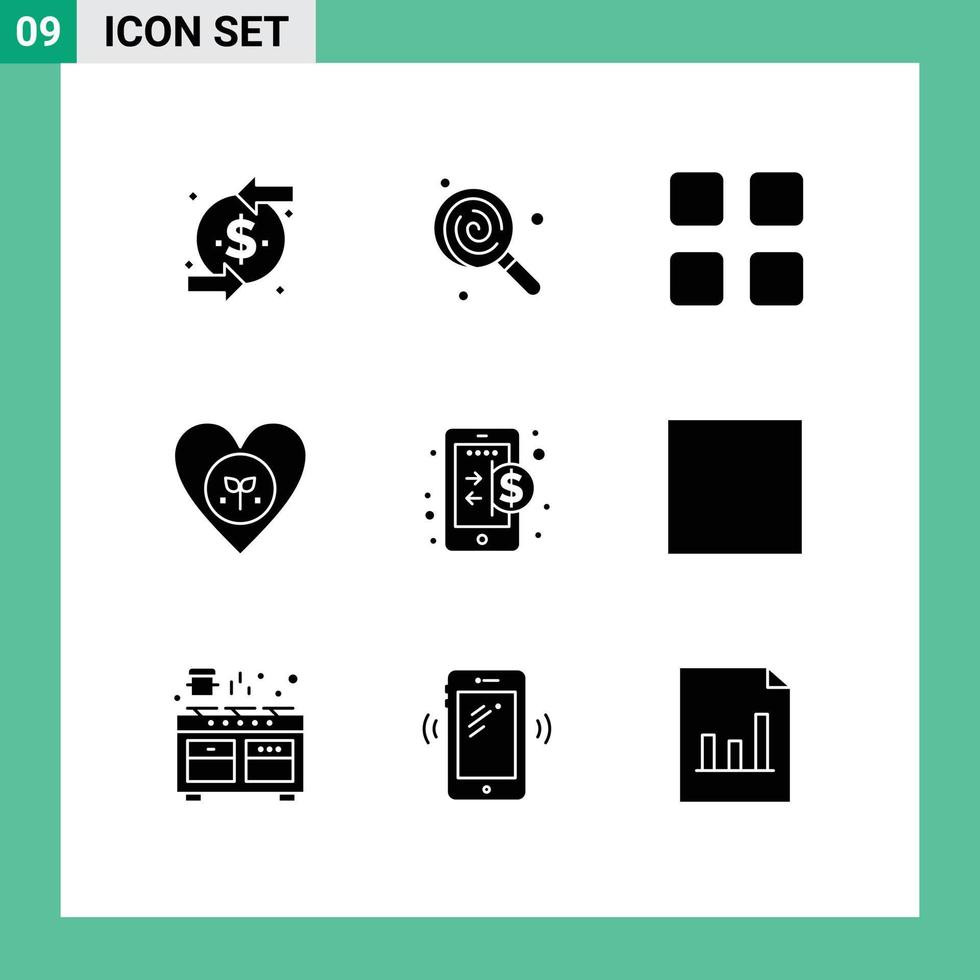 ensemble moderne de 9 glyphes et symboles solides tels que les éléments de conception vectoriels modifiables de l'écologie préférée du coeur d'entreprise vecteur