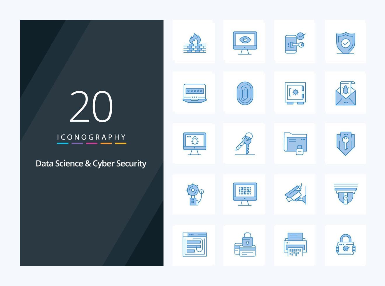 20 icône de couleur bleue de la science des données et de la cybersécurité pour la présentation vecteur