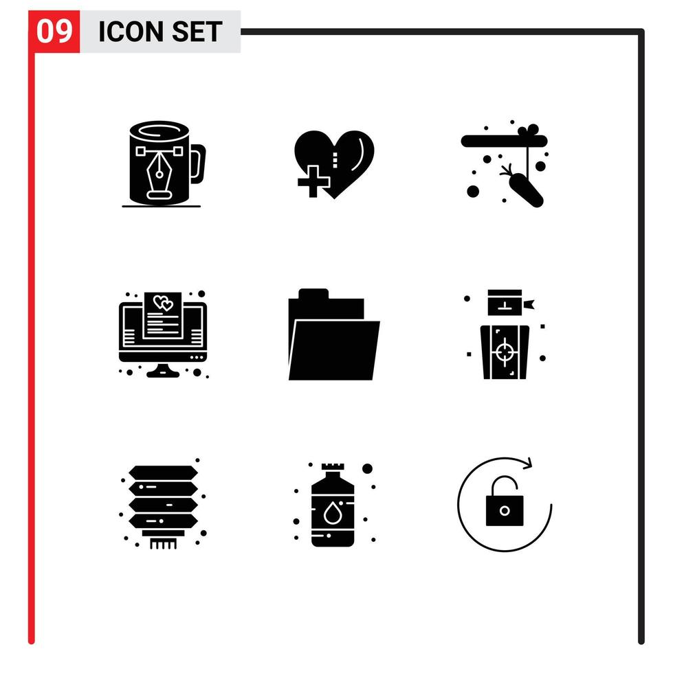 9 ensemble de glyphes solides universels pour le dossier d'applications web et mobiles en ligne plus liste de souhaits éléments de conception vectoriels modifiables vecteur