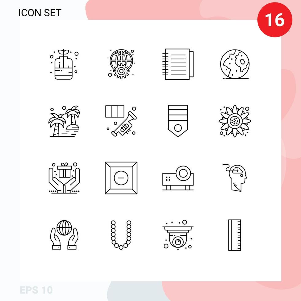 pack de 16 signes et symboles de contours modernes pour les supports d'impression Web tels que les éléments de conception vectoriels modifiables en papier globe international vecteur