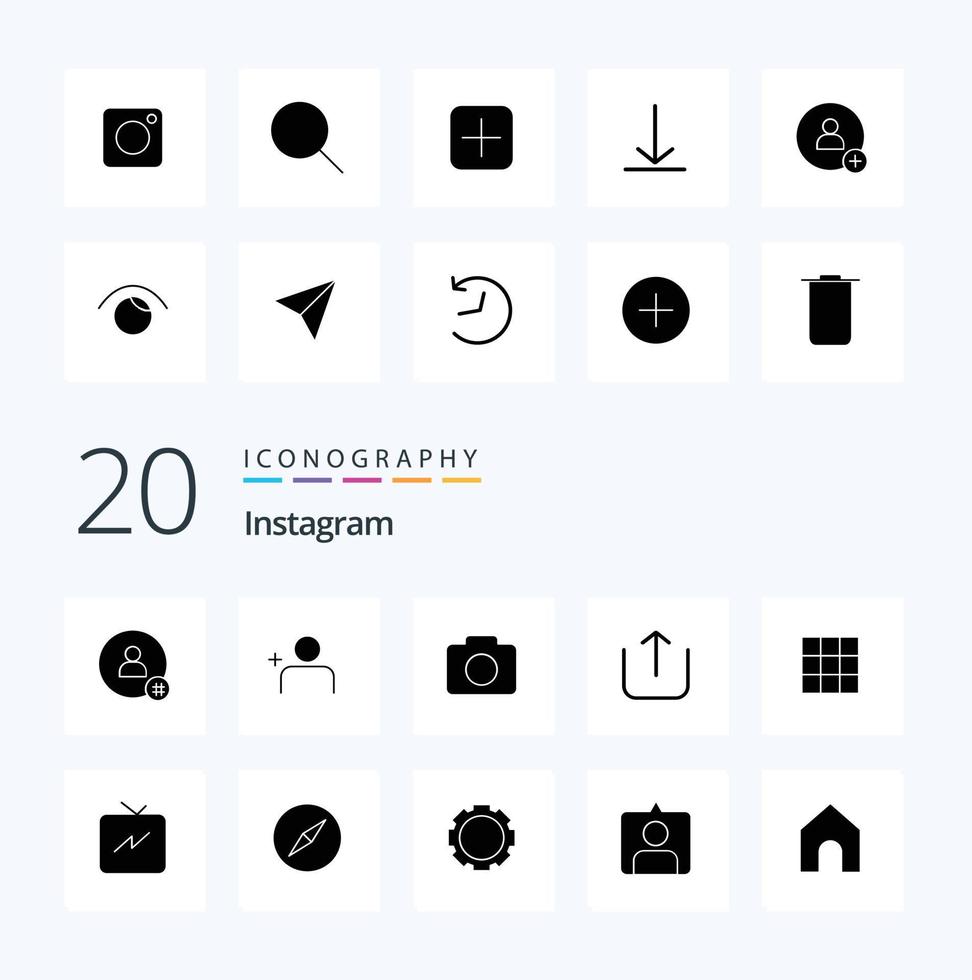 20 pack d'icônes de glyphes solides instagram comme la galerie d'ensembles instagram feed up vecteur