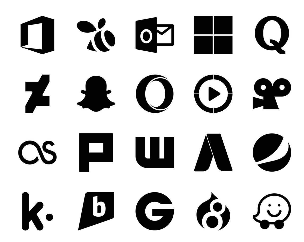 pack de 20 icônes de médias sociaux, y compris kik adwords opera wattpad lastfm vecteur