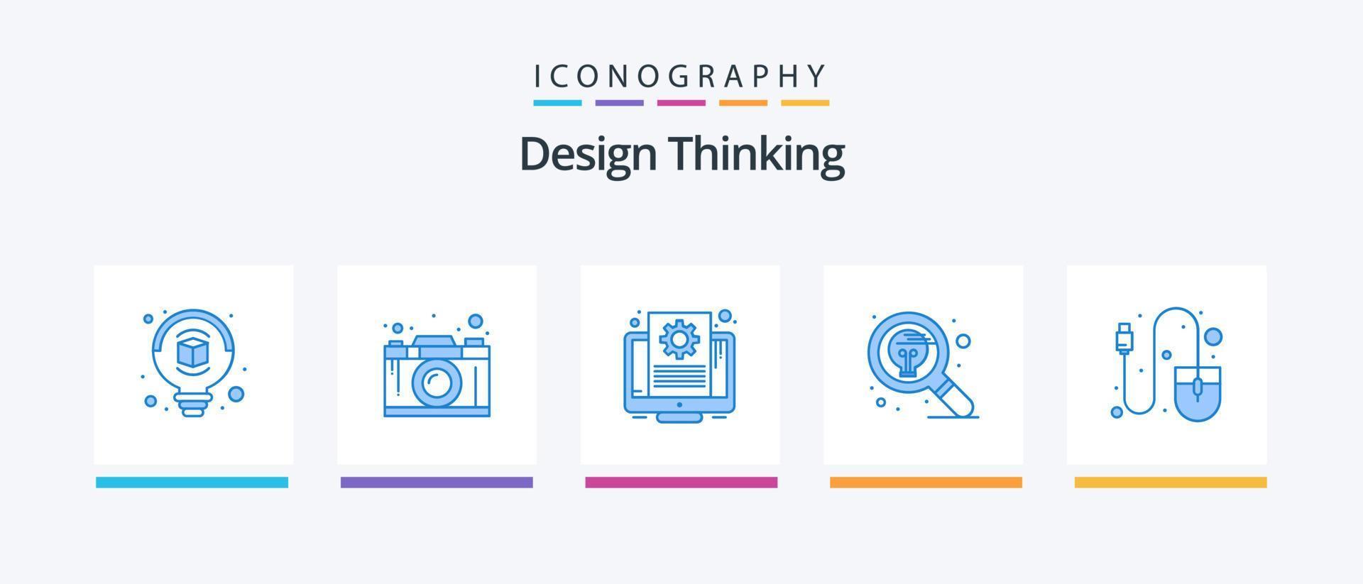 pack d'icônes bleues 5 design thinking comprenant un ordinateur. recherche. document. idée. motif. conception d'icônes créatives vecteur