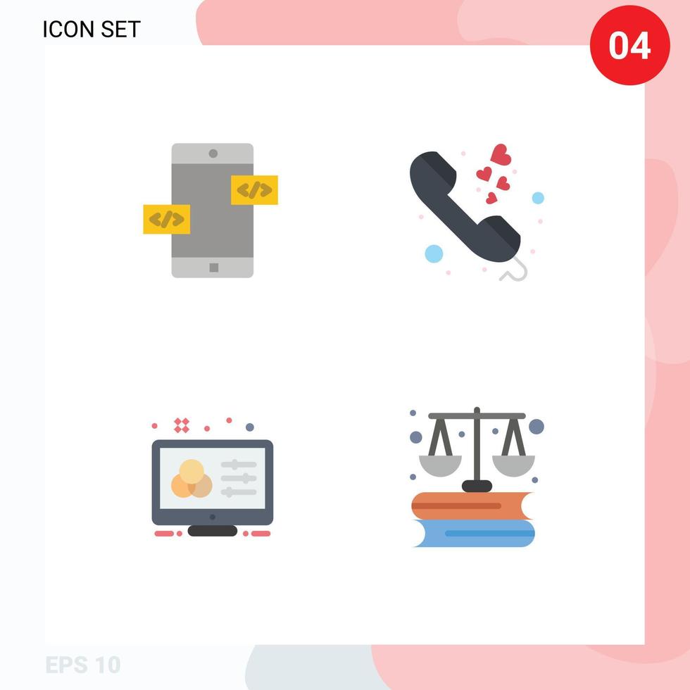 ensemble de pictogrammes de 4 icônes plates simples d'ajustement de développement d'applications éléments de conception vectoriels modifiables de contrôle d'amour mobile vecteur