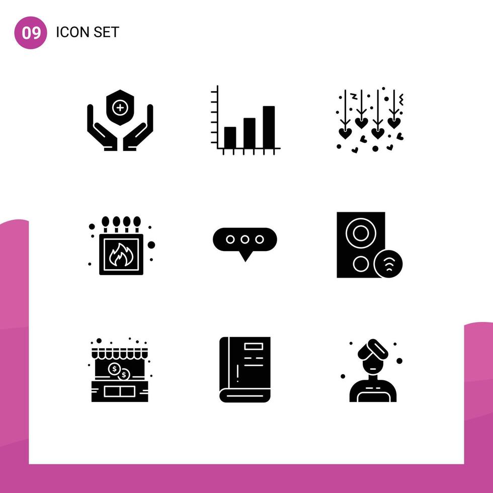 interface mobile glyphe solide ensemble de 9 pictogrammes de bulle de commentaire suspendus boîte de mariage feu éléments de conception vectoriels modifiables vecteur