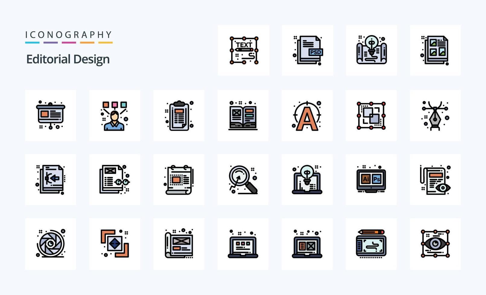 pack d'icônes de style rempli de 25 lignes de conception éditoriale vecteur
