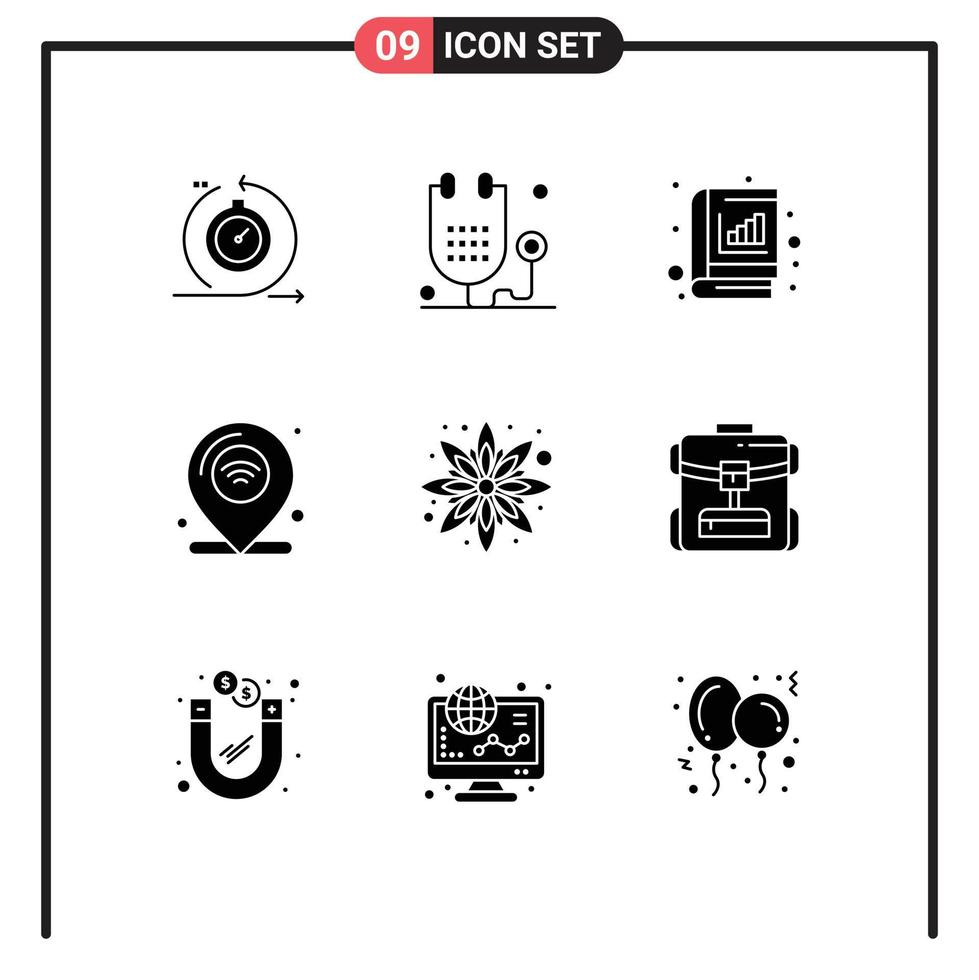 9 glyphes solides vectoriels thématiques et symboles modifiables de l'internet des objets emplacement livre de statistiques de santé éléments de conception vectoriels modifiables vecteur