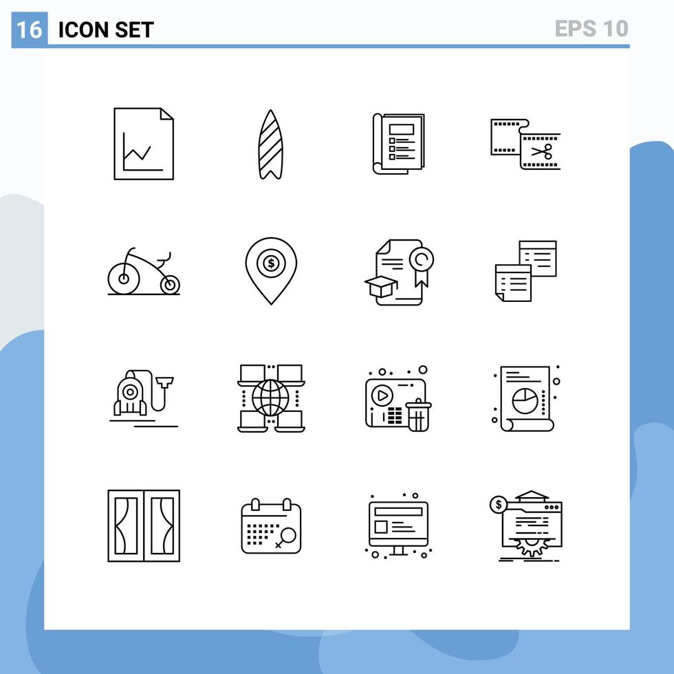 aperçu de l'interface mobile ensemble de 16 pictogrammes de l'édition du paquet de films de vélo couper des éléments de conception vectoriels modifiables vecteur