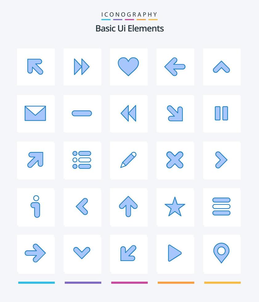 éléments d'interface utilisateur de base créatifs 25 pack d'icônes bleues telles que up. La Flèche. cœur. pointe en arrière. flèches vecteur