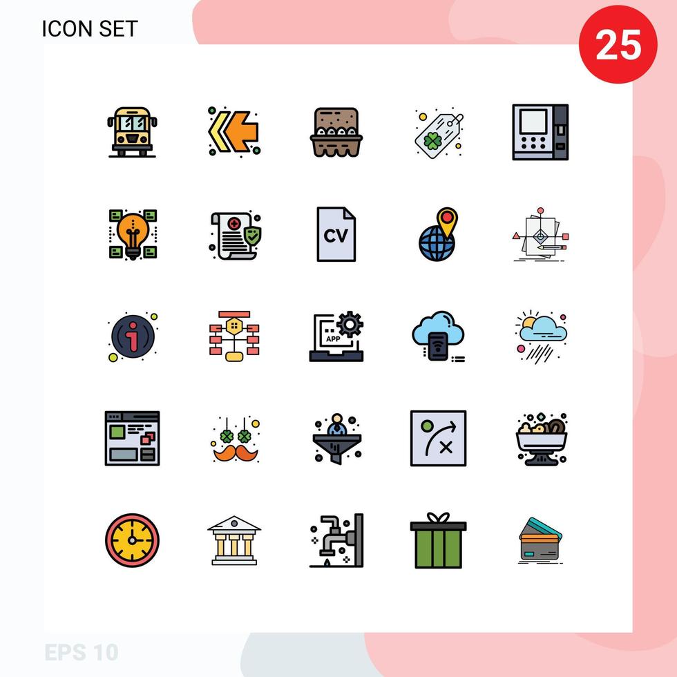 interface mobile ligne remplie couleur plate ensemble de 25 pictogrammes d'éléments de conception vectoriels modifiables de trèfle atm de cuisine créative vecteur