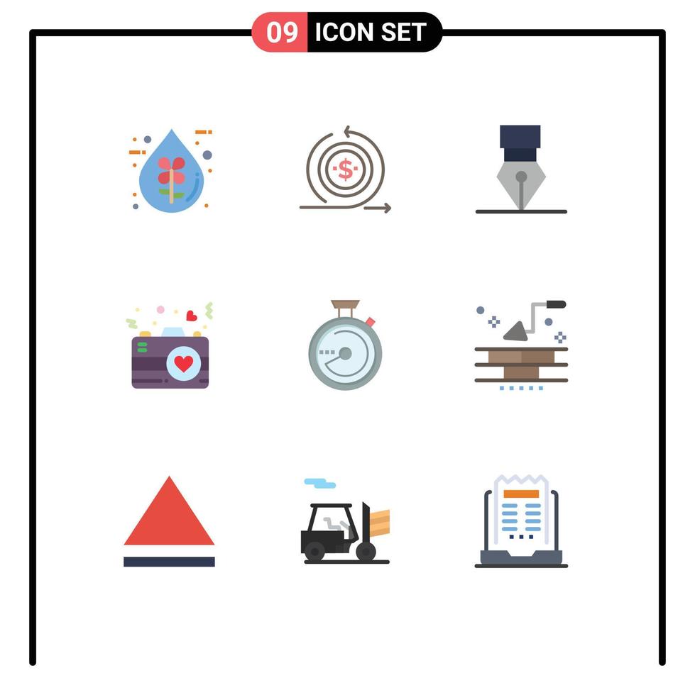 ensemble moderne de 9 couleurs et symboles plats tels que le coeur de la romance sur la conception de la caméra éléments de conception vectoriels modifiables vecteur