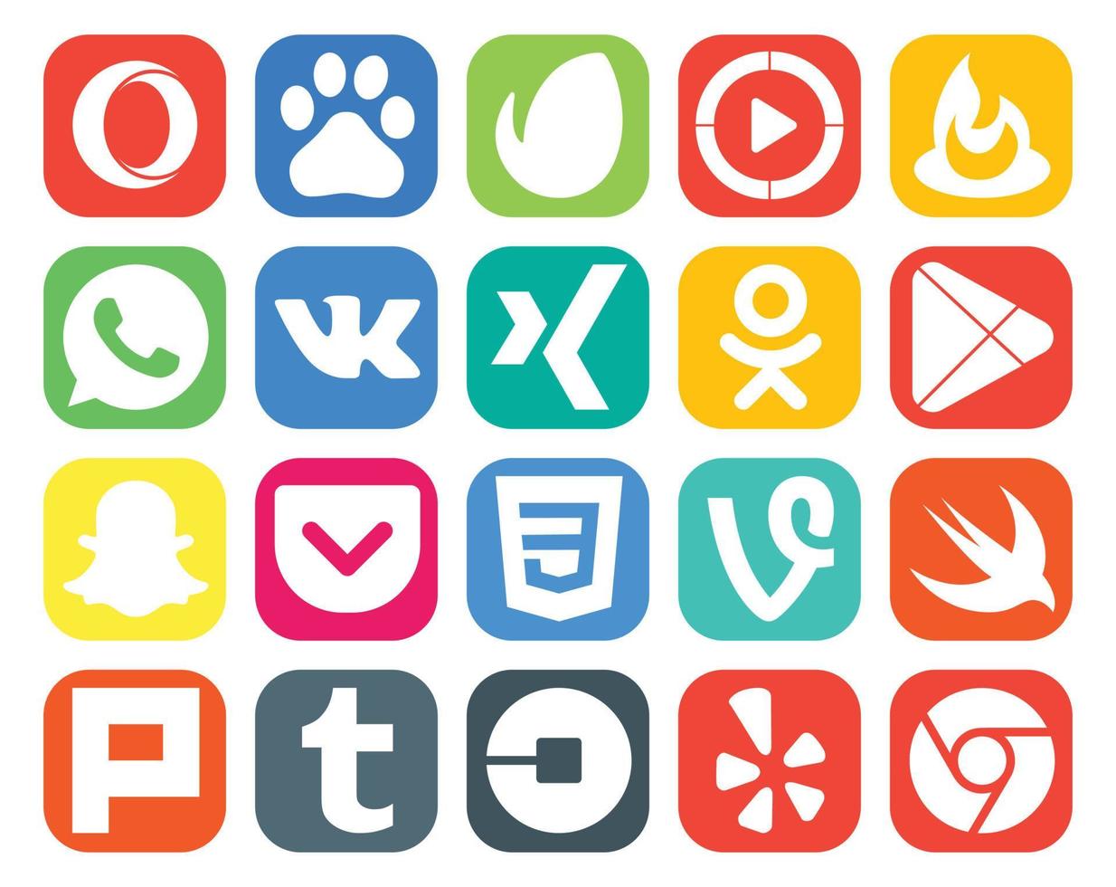 20 pack d'icônes de médias sociaux, y compris plurk vine xing css snapchat vecteur