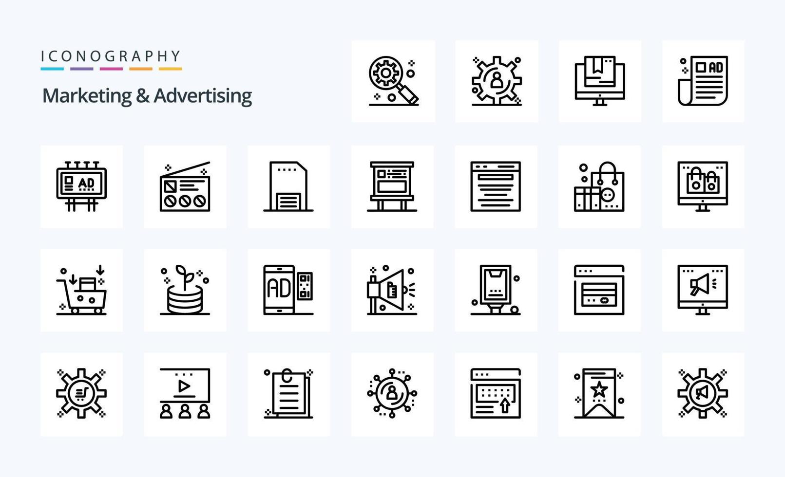 25 pack d'icônes de ligne marketing et publicitaire vecteur