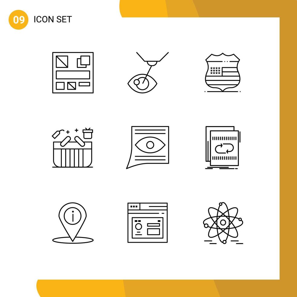 pack de lignes vectorielles modifiables de 9 contours simples d'éléments de conception vectoriels modifiables de panier de signe de magasinage de contact vecteur