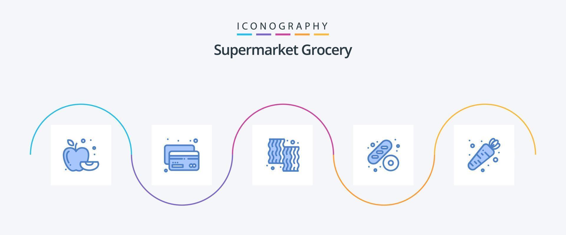 pack d'icônes bleu épicerie 5 comprenant. nourriture. cuisine. carotte. gâteau vecteur
